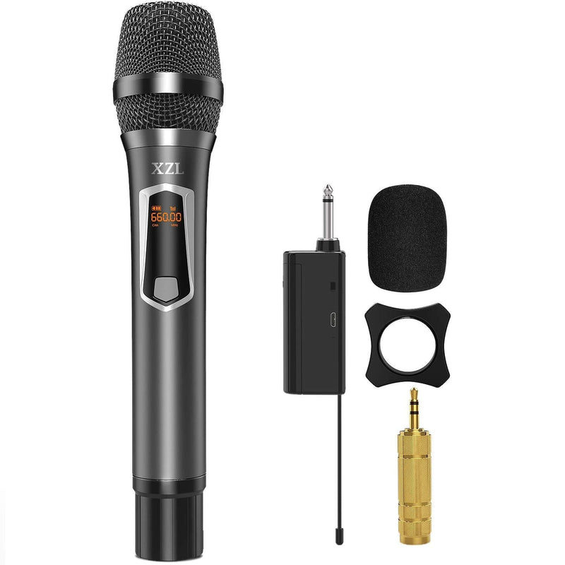 Wireless Microphone with Rechargeable, UHF Wireless Single Handheld Dynamic Metal Mic System with Receiver, 6.35mm(1/4'') Plug, for Home Karaoke, Voice Amplifier, PA System, Singing, Wedding Church Single Mic