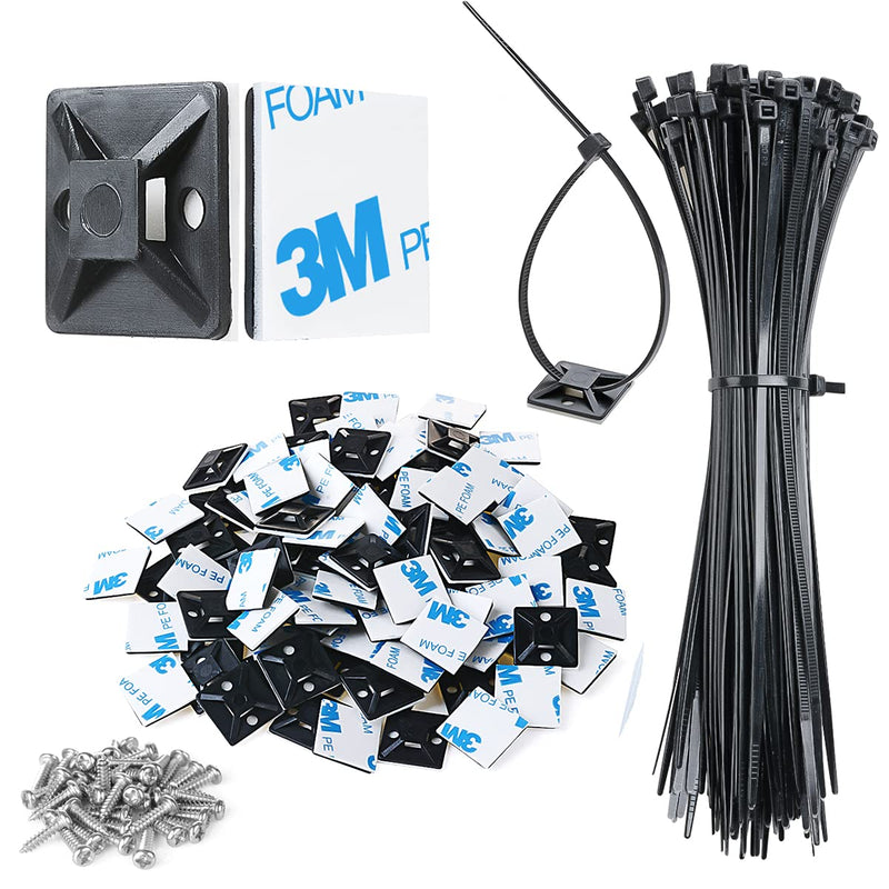 XHF 3/4" Strong Back-Glue Self Adhesive Black Cable Zip Tie Mounts 100pcs with 8" Zip Ties, Screws, UV Protection Outdoor Sticky Wire Fasteners Cable Clips Management Anchors Organizer Holders Squares 100 Piece