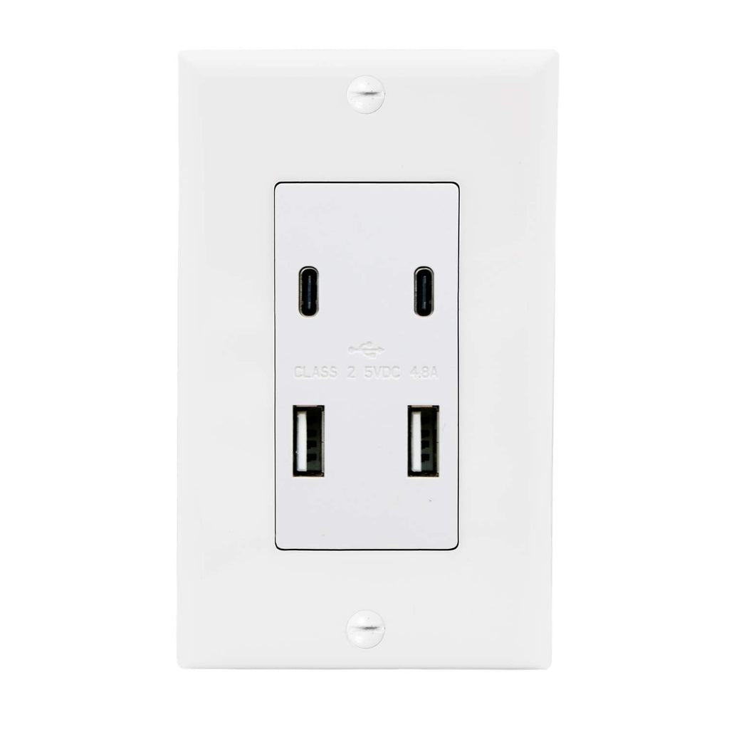 Maxxima USB Receptacle Outlet, 4.8A USB C/A High Speed 4 USB Wall Outlet, Vertical USB Charger Ports, Outlet Wall Plate Included White