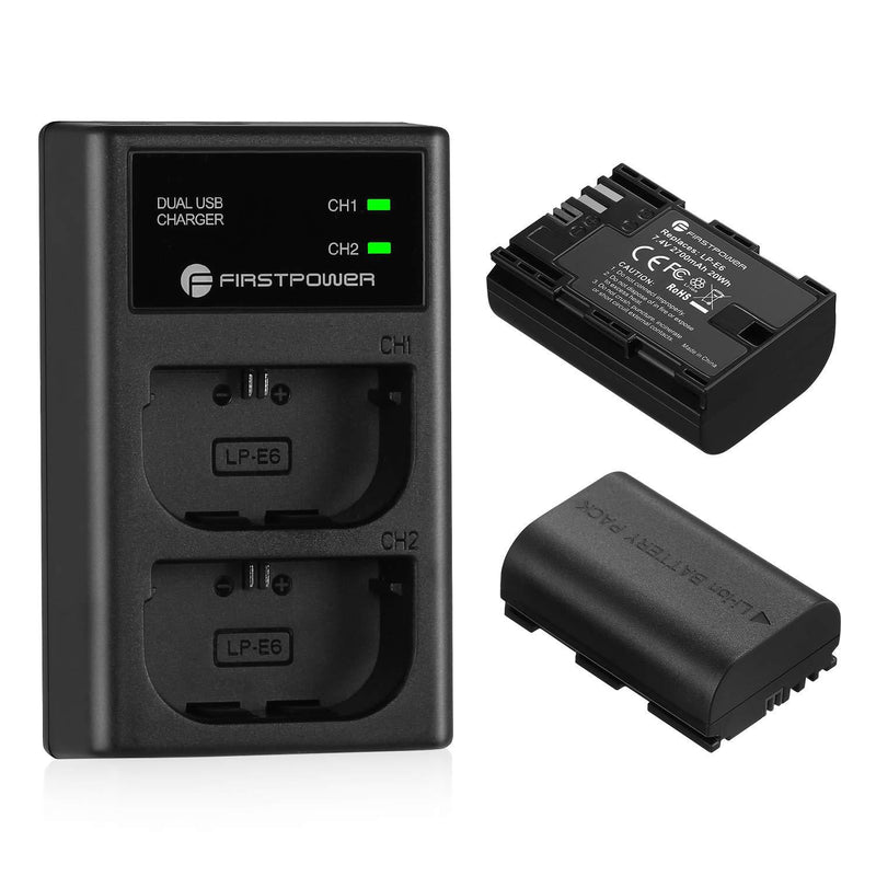 FirstPower LP-E6 LP-E6N Battery 2-Pack 2700mAh and Dual Charger for Canon EOS 60D, 70D, 80D, 5D Mark II III IV, 5DS, 5DS R, 6D, 7D, XC15 Cameras BG-E14, BG-E13, BG-E11, BG-E9, BG-E7, BG-E6 Grips
