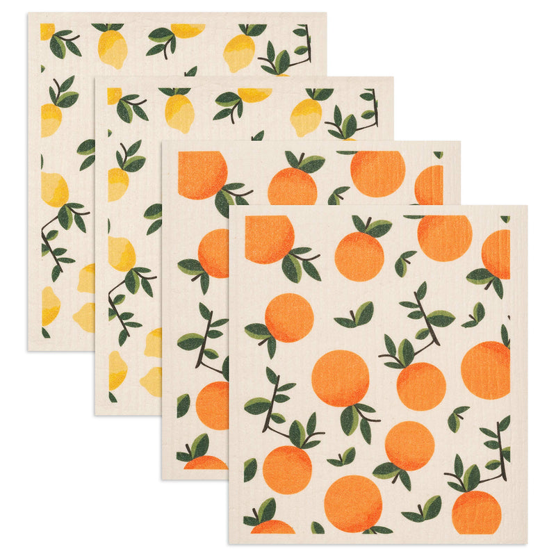 GMIcréatifs Swedish Dishcloths 4 Pack, 2 Lemons & 2 Oranges Print, Eco Friendly, Reusable Kitchen Cleaning Cloth, Machine Washable, Each 7.87”x6.88.