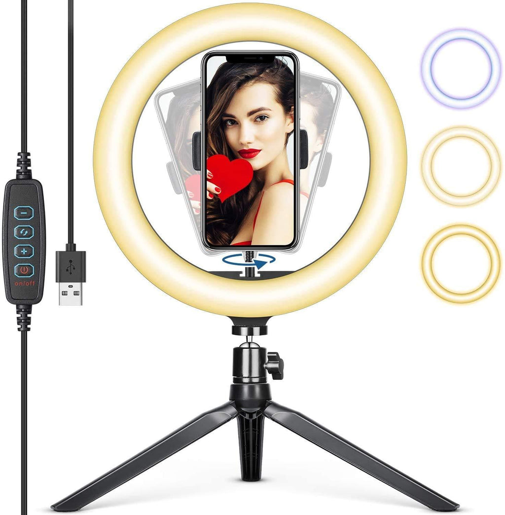 10" Selfie Ring Light with Tripod Stand & Cell Phone Holder, Dimmable Desktop LED Circle Light for Live Streaming/Makeup/YouTube, Video conferencing Compatible with iOS and Android Phones