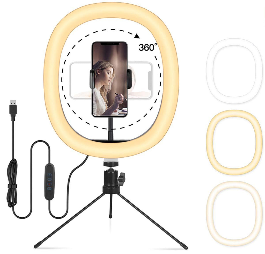 Selfie Ring Light with Tripod Stand, FDTEK LED Ring Light with Phone Holder for Live Streaming Video Makeup Camera Photography, Dimmable Desk Ring Light 10" with 3 Light Modes &10 Brightness Level