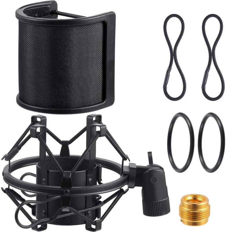 [AUSTRALIA] - 7 Pieces Microphone Holder Set Include Shock Mount with Pop Filter, Mic Anti-Vibration Suspension Shock Mount Holder Clip, Replacement Rubber Band Universal Connector Adapter for 46-53 mm Microphone 