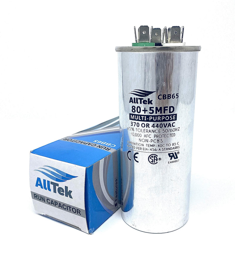 AllTek 80+5 MFD 80/5 uf 370 or 440 Volt Dual Run Round Capacitor for Condenser Straight Cool or Heat Pump Air Conditioner - 5 Year No Hassle Warranty