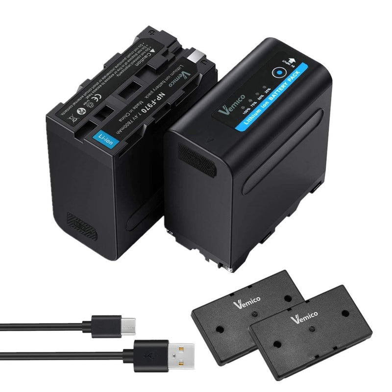 Vemico NP-F970/F960/F980 Battery 2x7800mAh NP F980/F530/F550/F570/F730/F750/F770/F930/F950 Battery Series 4 LED Light Micro USB Cable for HDR-AX2000E/DCR-VX2100E/FDR-AX1E/HXR-NX3 Camera Battery Black