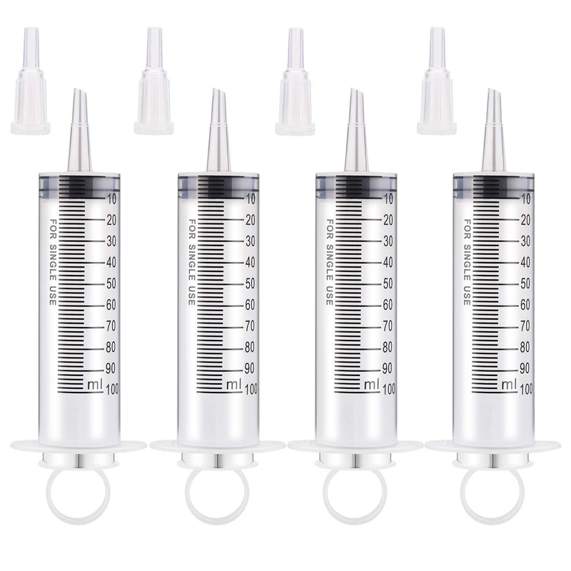 4 Pack 100ml Syringes, Large Plastic Garden Syringe, Dispensing Multiple Uses Measuring Syringe Tools for Scientific Labs, Watering, Refilling 100ml-4pack