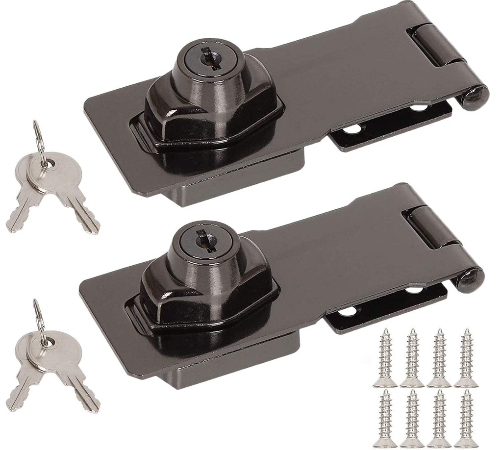 2 Pack Black Keyed Hasp Lock, 4 Inch Cabinet Locks with Keys, Keyed Locking Hasp, Safety Hasp Latches, Twist Knob Keyed Locking Hasp with Screws Keyed Different for Small Door Cabinet Drawers Boxes