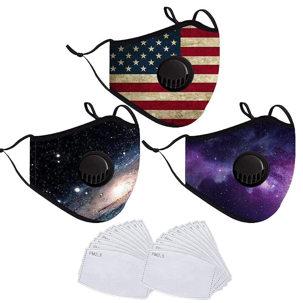 3pcs Reusable and Breathable Face Bandanas with Breathing Valve & 20pcs Activated Carbon Filters(3pcs+20filters) 3pcs+20filters