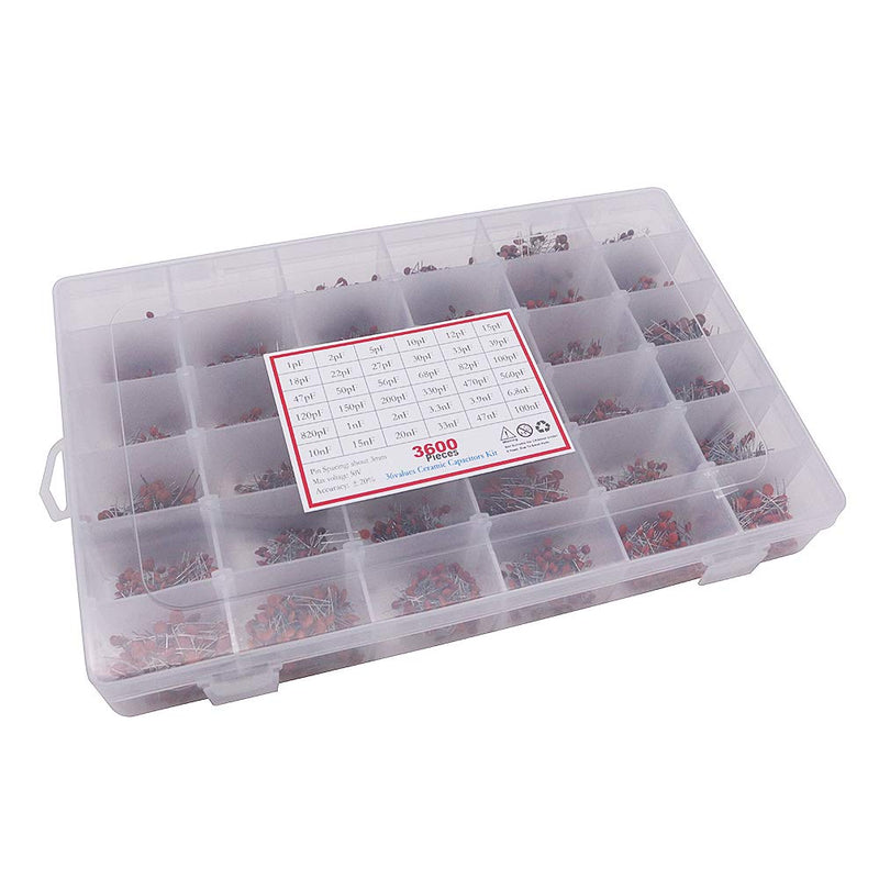 DollaTek 3600pcs 36values Each 100Pcs 1pF - 100nF Ceramic Capacitors Kit Disc 50V Assortment with Storage Box