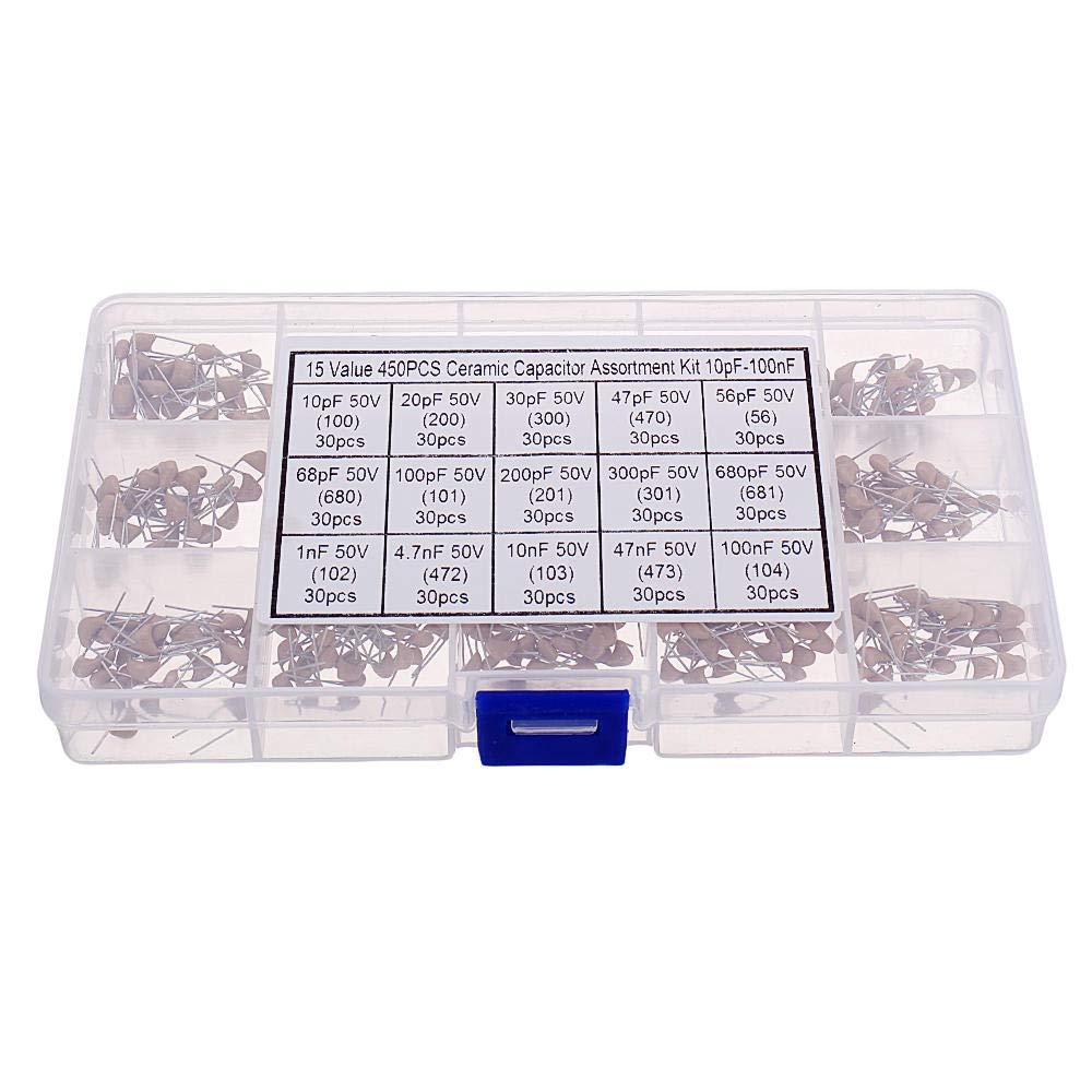 DollaTek 450pcs 15 Value Monolithic Capacitor Set 50v Multi-layer Assortment Box 10pf to 100nf Electronic Components Capacitor Kit