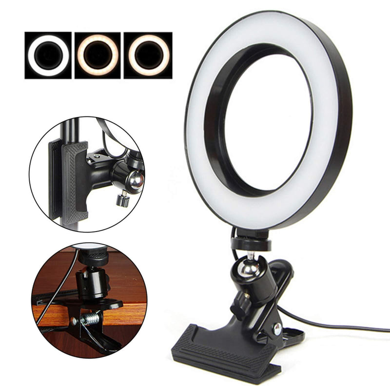 Meideli 6.3" LED Ring Light with Spring Grip Clamp for YouTube Video/Makeup,Computer Ring Light,Broadcasting Beauty Fill Ring Light with 3 Light Modes & 11 Brightness Level,Movable USB Light Black