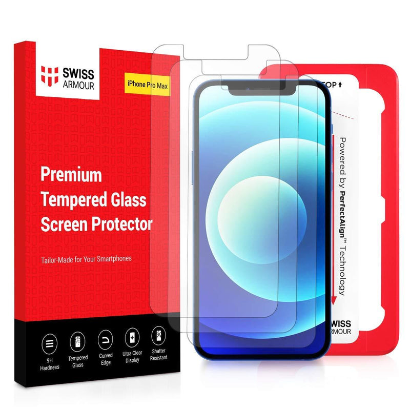Swiss Armour iPhone 12 Pro Max -6.7" Screen Protector [3 Pack] 9H Japanese Tempered Glass, 2.5D with PerfectAlign™ Applicator Tray for Easy installation- Bubble free-Anti Fingerprint [Case friendly & Not edge to edge] 3