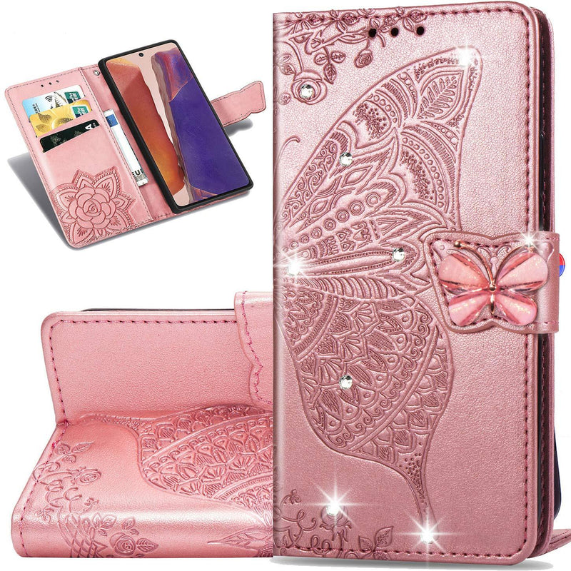 Samsung Galaxy Note 20 Ultra Wallet Case, Bling Butterfly Flower PU Leather Flip Phone Cover Credit Cards Slot Shockproof Kickstand Case for Samsung Galaxy Note 20 Ultra 6.9"(Rhinestone Rose Gold)HZD Rhinestone Rose Gold