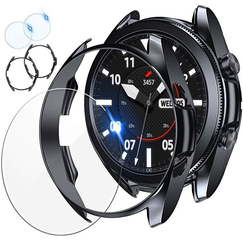 [2+2Pack] Tensea Compatible Samsung Galaxy Watch 3 41mm Screen Protector and Case, 2 Pack Tempered Glass Protective Film and 2 Pack TPU Watch Cover Accessories Set for Galaxy Watch3 41, Titanium, 45mm Black Galaxy Watch3-41mm