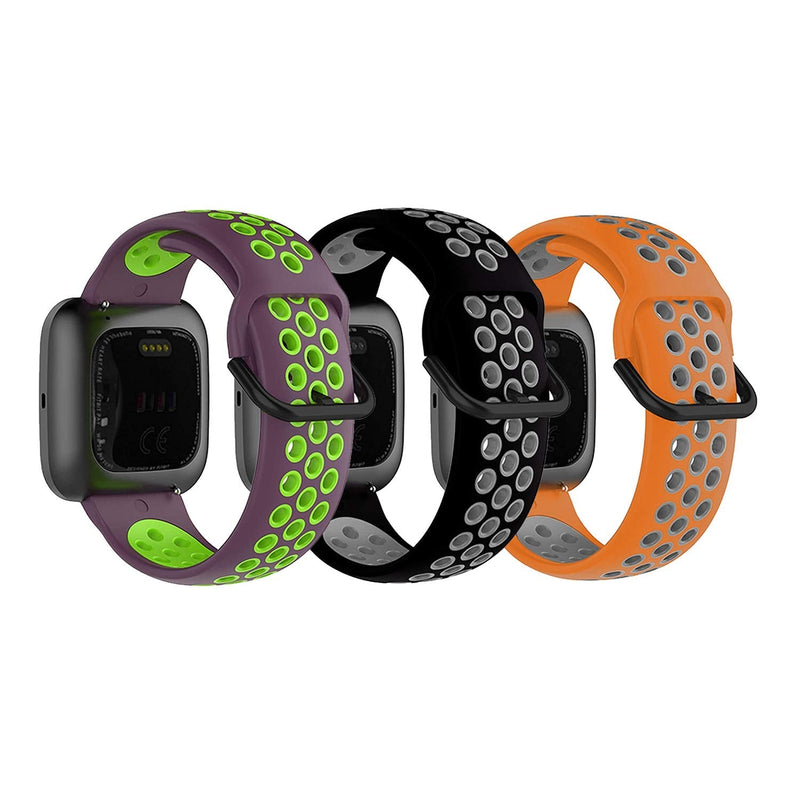 ONELANKS Compatible with Fitbit Versa 2/Fitbit Versa/Versa Lite/SE Soft Silicone Waterproof Breathable Sport Watch Strap Replacement Air Holes Wristband with Black Metal Buckle for Women Men （3-Pack） Purple-Green+Orange-Grey+Black-Grey