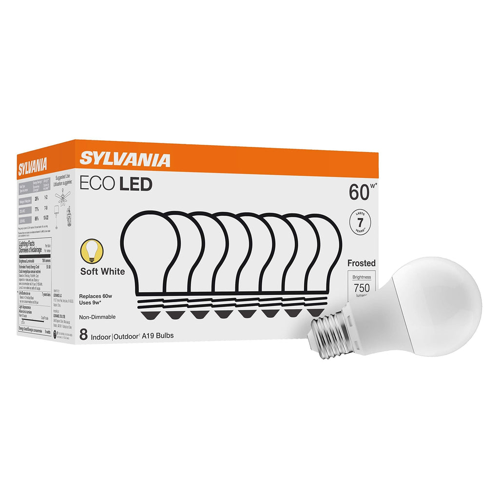 SYLVANIA 40821 LED A19 60W Equivalent, Efficient 8.5W, Soft White Color Temperature 2700K, 8 Pack Soft White (2700K)