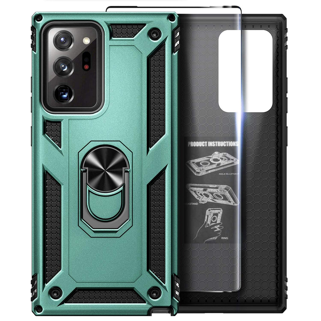 E-Began Case for Samsung Galaxy Note 20 Ultra/Note 20 Ultra 5G with Screen Protector (Maximum Coverage, Flexible TPU Film), Metal Magnetic Ring Holder Stand, Full-Body Protective Case (Green) Green