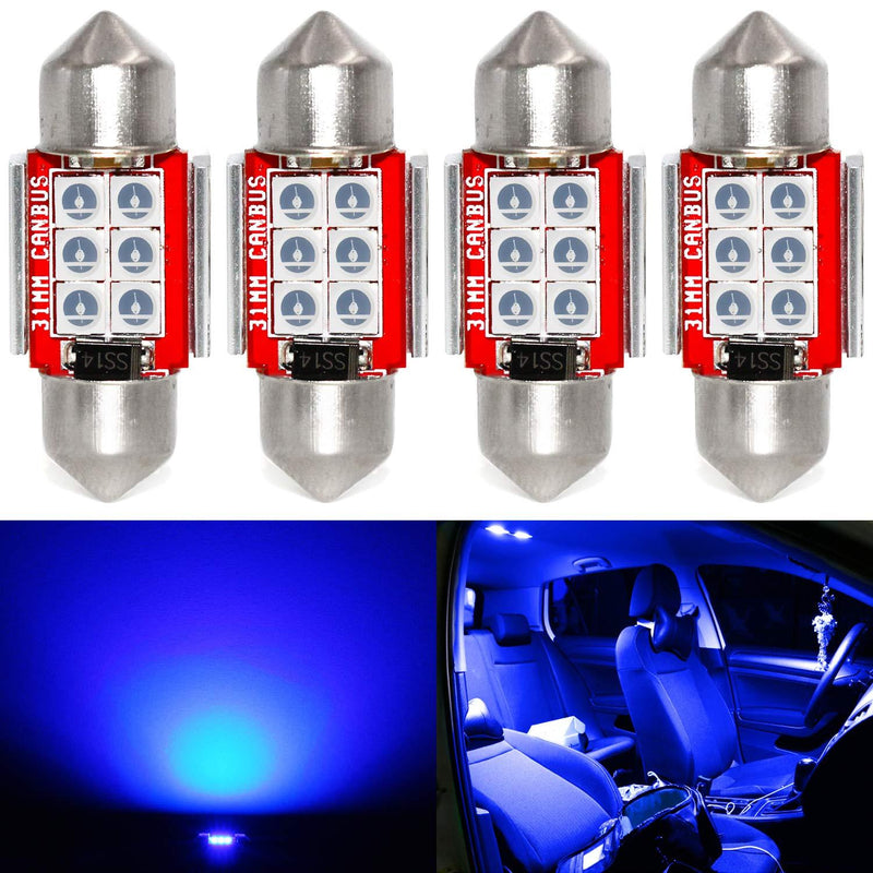 Phinlion Super Bright DE3175 LED Blue Bulb 3030 6-SMD Festoon 1.25" 31mm DE3021 DE3022 LED Bulbs for Car Interior Map Reading Dome Trunk Courtesy Light, Pack of 4