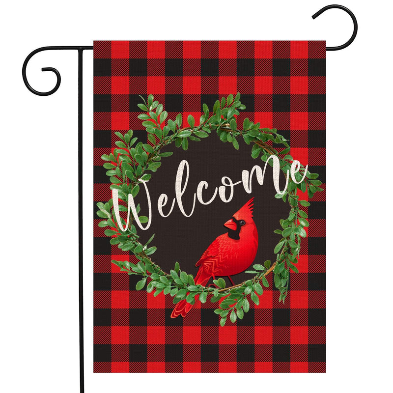 Cardinal Christmas Garden Flag | Wreath Welcome Garden Flag 12.5 x 18 Inch | Buffalo Check Plaid Winter Yard Flag Double Sided | Rustic Christmas Yard Decorations | Holiday Outdoor Flags