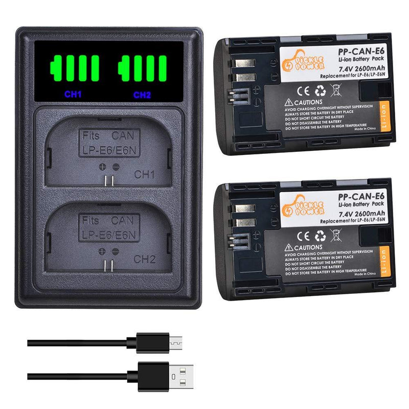 LP-E6N LP-E6 LP E6N Battery and New LED USB Dual Charger with Type C Port Compatible with Canon EOS 5D Mark II III IV 5DS 5DS R 6D 60D 6D Mark II 80D 70D 7D 7D Mark II