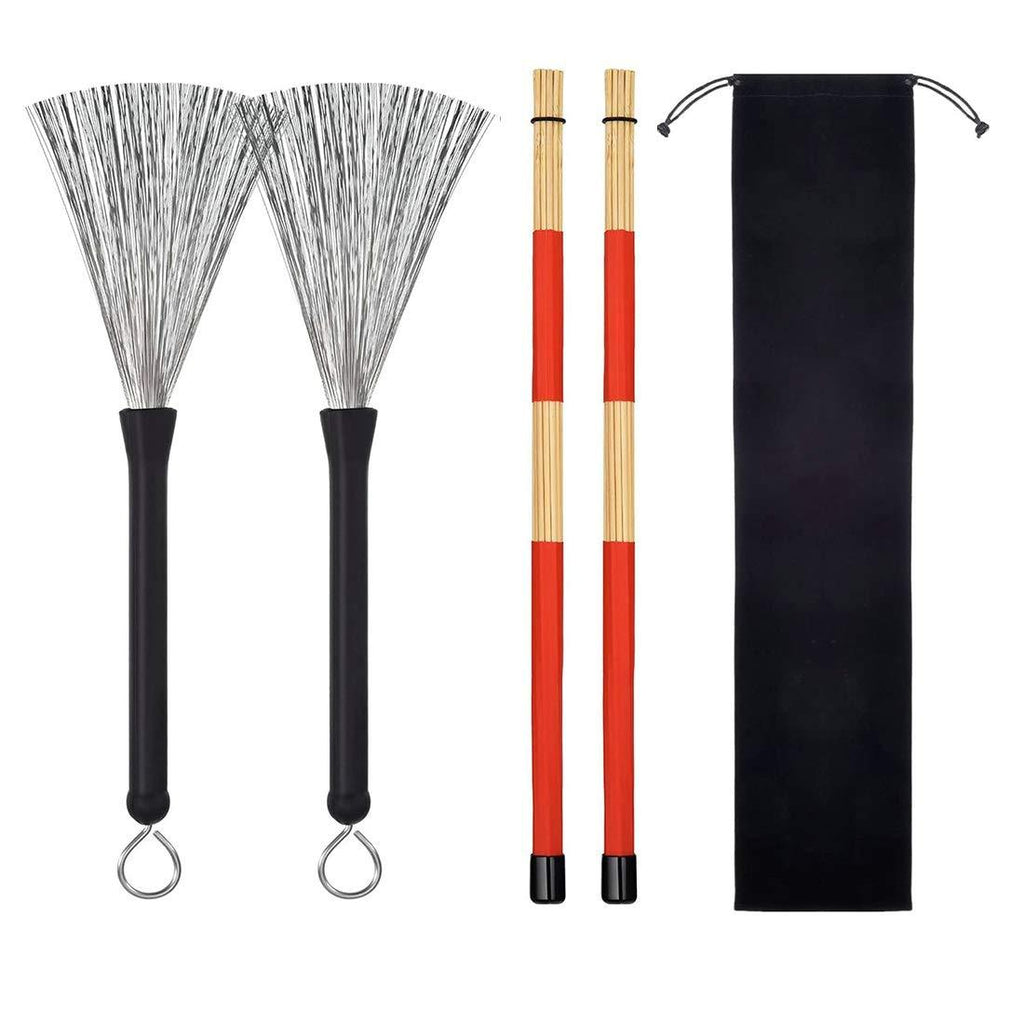 MUPOO Drum Sticks Set, 1 Pair Retractable Drum Wire Brushes + 1 Pair Rods Drum Brushes Set for Jazz Acoustic Music Lover with Storage Bag
