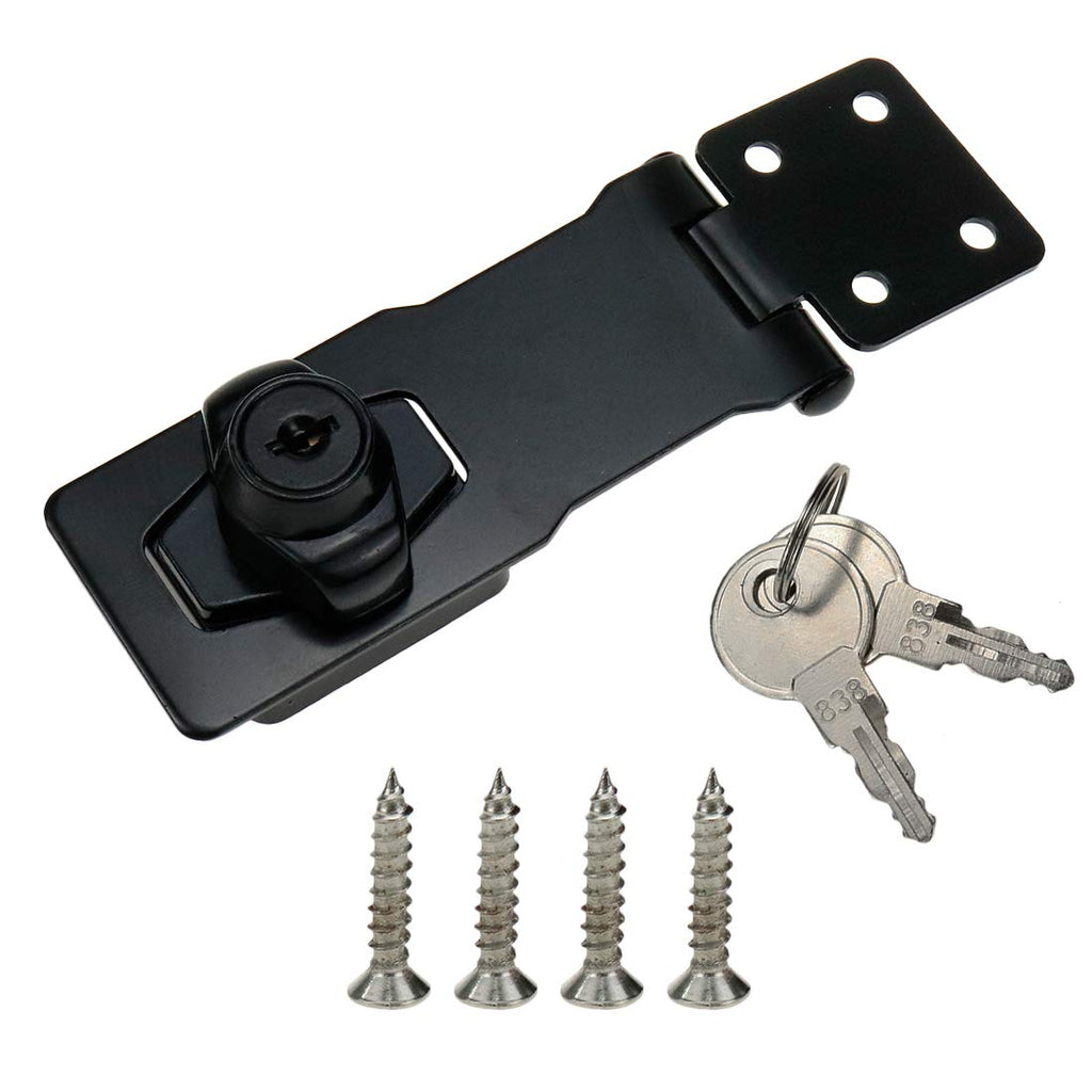 Meprtal 4-Inch Clasp Keyed Lock Hasp Latch with Lock Heavy Duty Cabinets Locking Hasp Knob for Gate Shed Small Door Chrome Black Zinc Alloy with 2 Keys and Screws