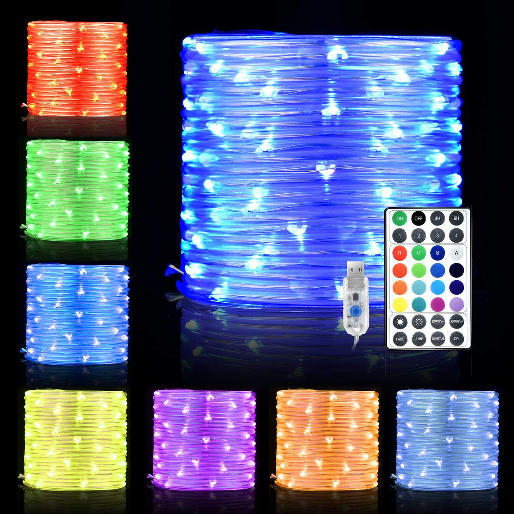 LED Rope Lights, 33ft 100 LED 16 Colors Changing Indoor Outdoor RGB String Lights, USB Powered Multi-Colored Twinkle Tube Fairy Lights with Remote for Party, Wedding, Garden, Indoor Outdoor Decoration