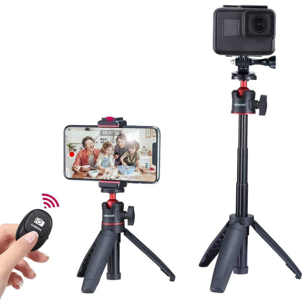 Mini Vlog Tripod Set, Extendable Small Selfie Stick Tripod+Phone Tripod Mount Cold Shoe+Remote Controller+Universal Action Cam Mount Compatiblw w iPhone Smartphone Compact Camera Hero 5 6 7 8