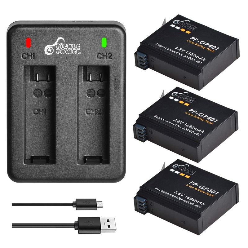 Pickle Power Hero 4 Battery (3 Pack) and USB Charger Replacement for Gopro AHDBT-401, AHBBP-401 and Gopro Hero 4 Camera