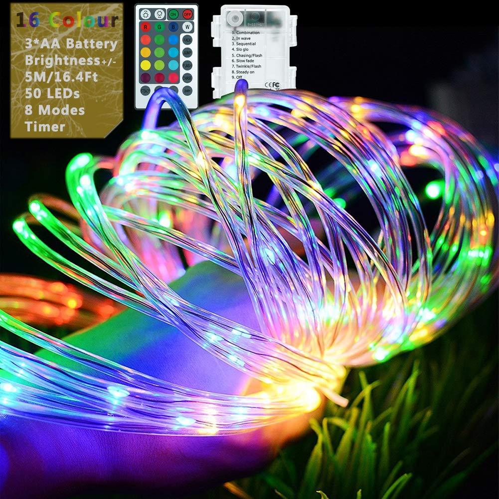 [AUSTRALIA] - Fairy Rope Lights, 5M/50LEDs Dimmable String Light Battery Powered with Remote Timer [IP68+] Waterproof 8 Modes & 16 Colour Changing for Outdoor Garden Christmas Decoration 