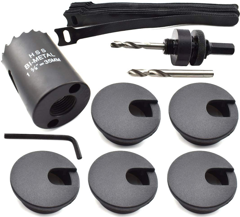 1-3/8 Inch (35mm) Desk Grommet and Hole Saw Kit, OZXNO Desk Wire Cord Hole Cover with Matching Holesaw Drill Bits and Reusable Cable Ties (5X Wire Grommets + 1x Holesaw Kit + 20x Cable Ties) 1-3/8"(35mm)