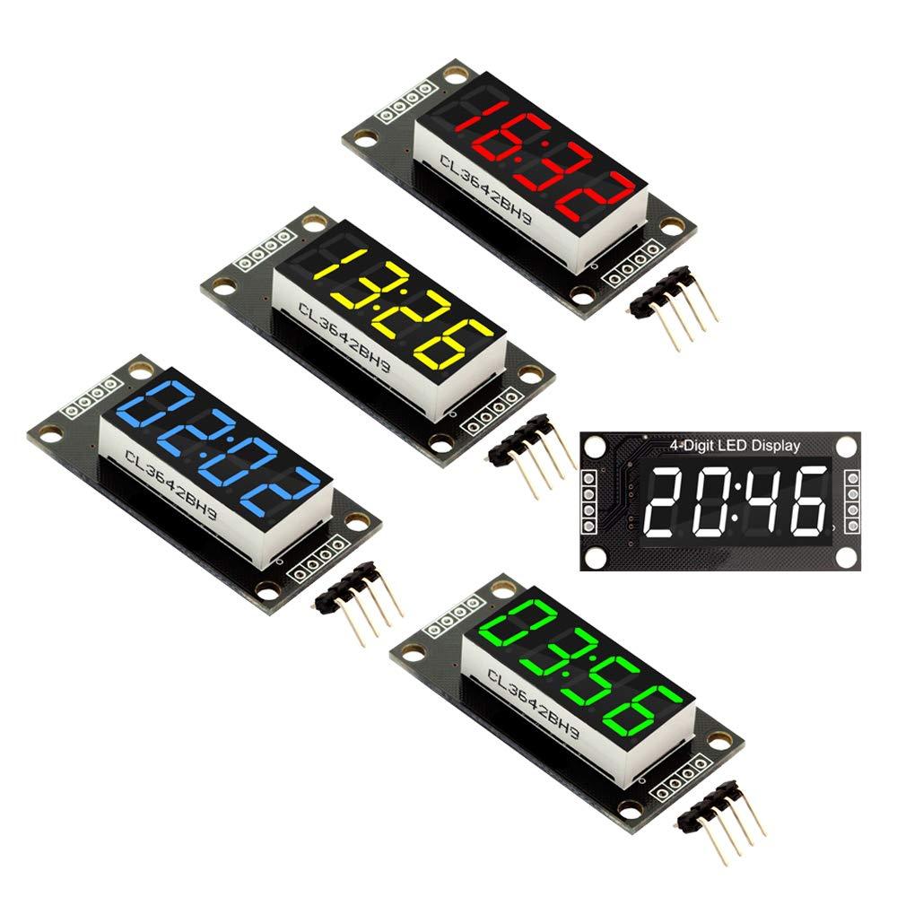 diymore 5 Packs Red/Green/White/Yellow/Blue Colors TM1637 0.36" LED Display Digital Tube 7 Segments 4 Digit Double Dots Clock Module Serial Driver Board for Arduino(5 Colors) Multicolored