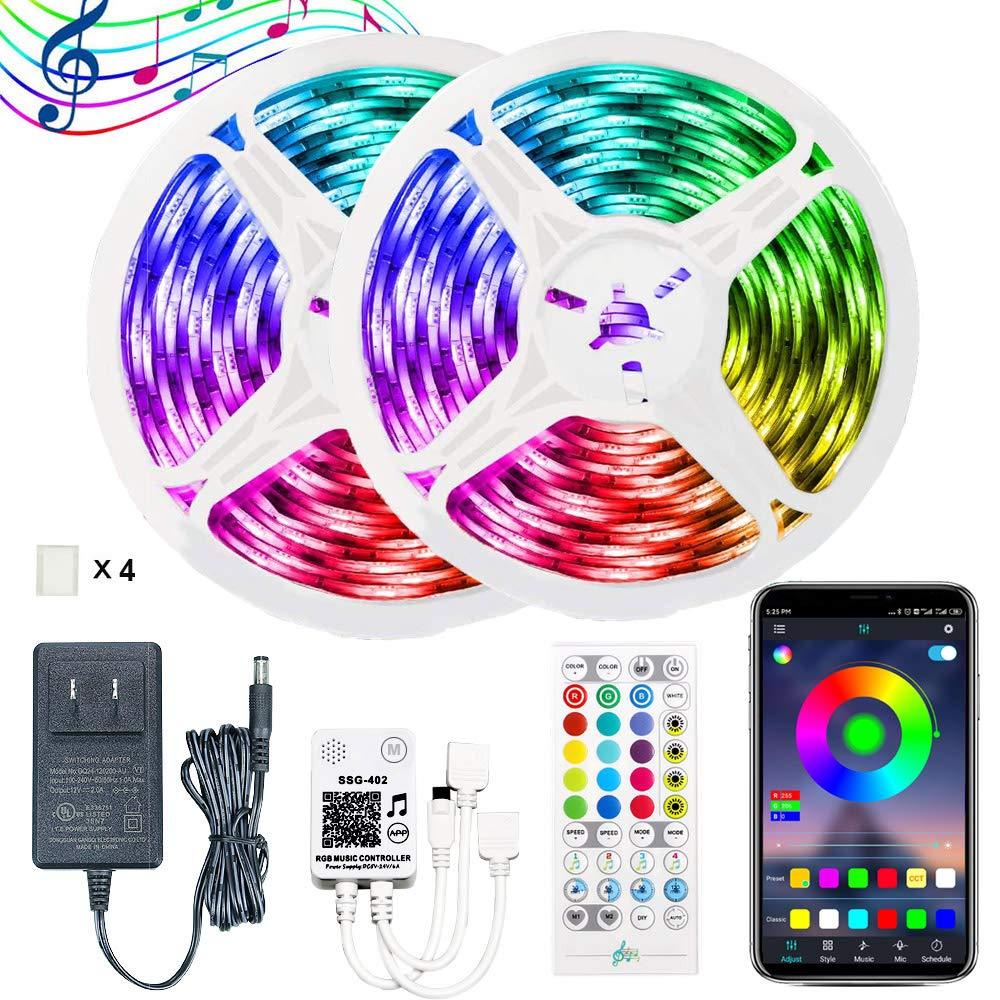 YUNBO 32.8ft LED Strip Lights Bluetooth APP Control, Music Sync RGB Color Change SMD5050 LED Tape Lights with IR Remote and UL Listed Adapter for Bedroom Kitchen Indoor Decoration Lighting Rgb (Red, Green, Blue)