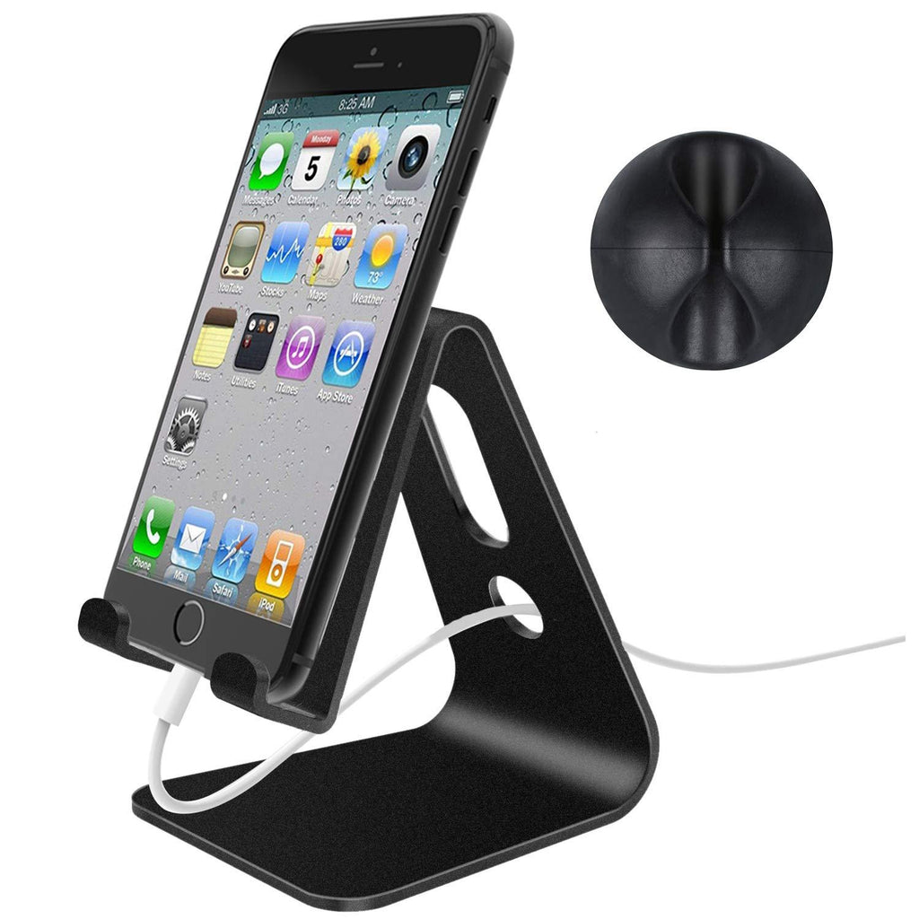 LLSME Cable Clip Holder and Cell Phone Stand, Phone Holder, Cradle, Dock, Aluminum Desktop Stand Compatible with All Mobile Phone, iPhone, iPad Air/Mini - Black Black+stand