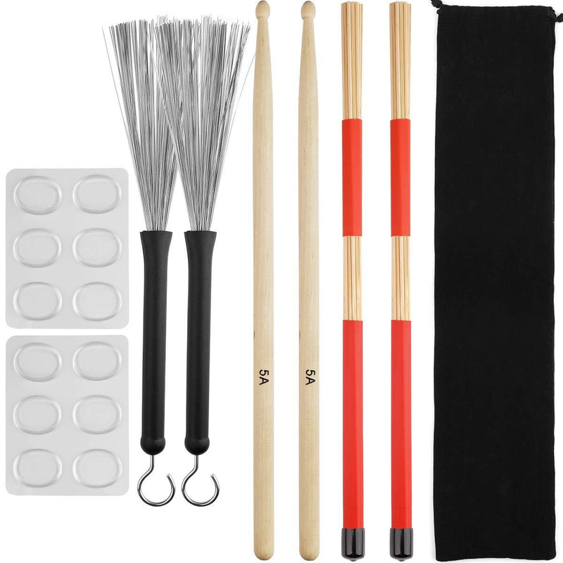 Eison Drum Sticks Set,5A Wood Drum Sticks,Drum Rods Brushes,Retractable Drum Wire Brushes,12PCS Drum Dampeners with Portable Bag,Drumsticks Gift Sets for Beginners Drummer Practice 12 pack drum stick