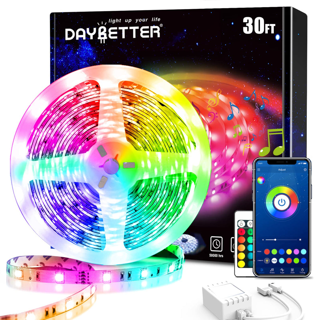 DAYBETTER Smart Led Lights 30ft, 5050 RGB Led Strip Lights Kits with 24 Keys Remote, App Control Timer Schedule Led Music Strip Lights