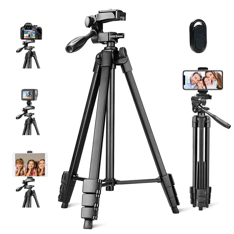 Phone Tripod, VOSSCOSS 53- Inch Lightweight Tripod Portable DSLR Camera Tripod for iPhone & Android with 2 in 1 Phone/IPAD Holder Stand & Wireless Bluetooth Remote Control Shutter (Black) 53 Inch