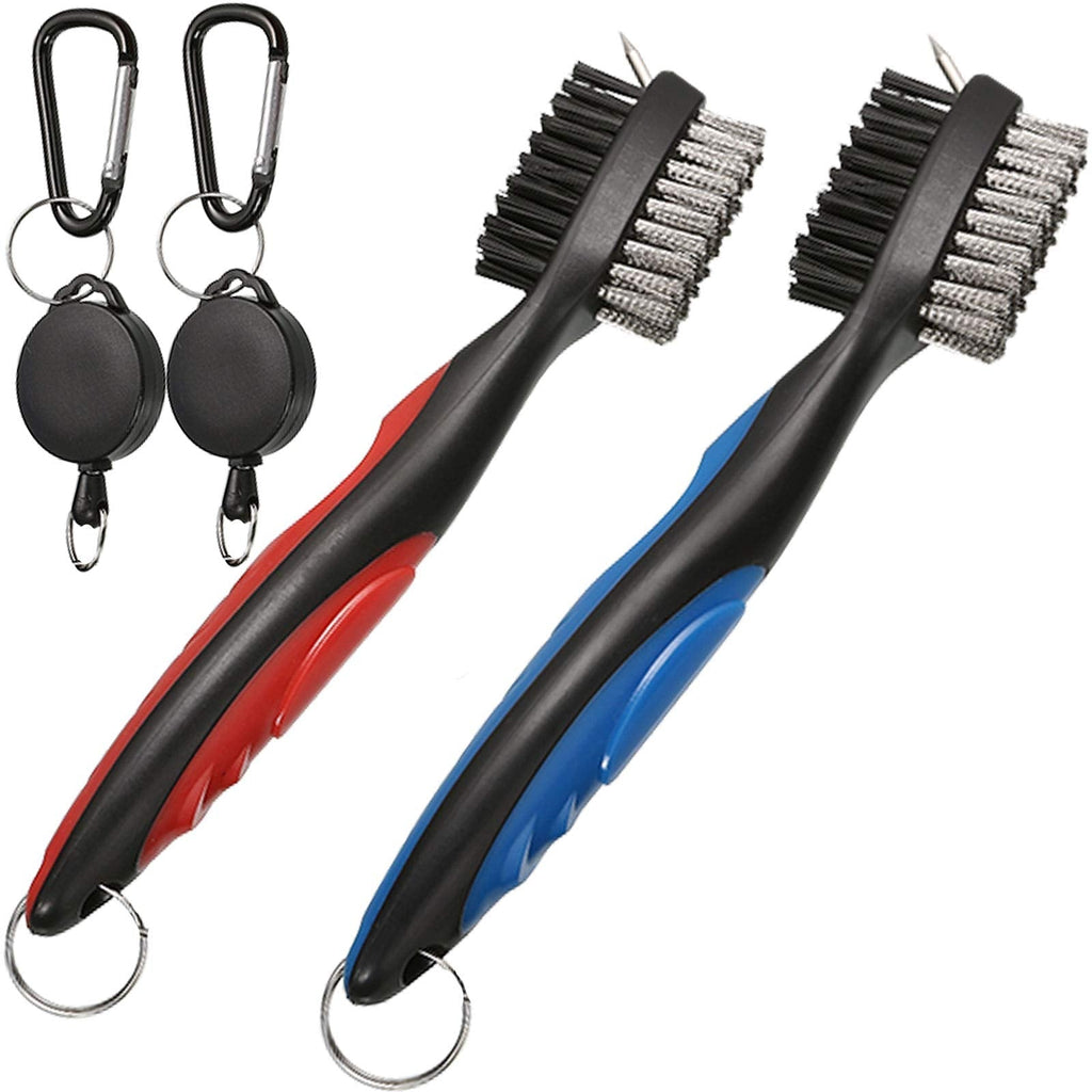 Borogo Pack of 2 Golf Club Brush Groove Cleaner with 2 Ft Retractable Zip-line and Aluminum Carabiner Cleaning Tools Blue + Red