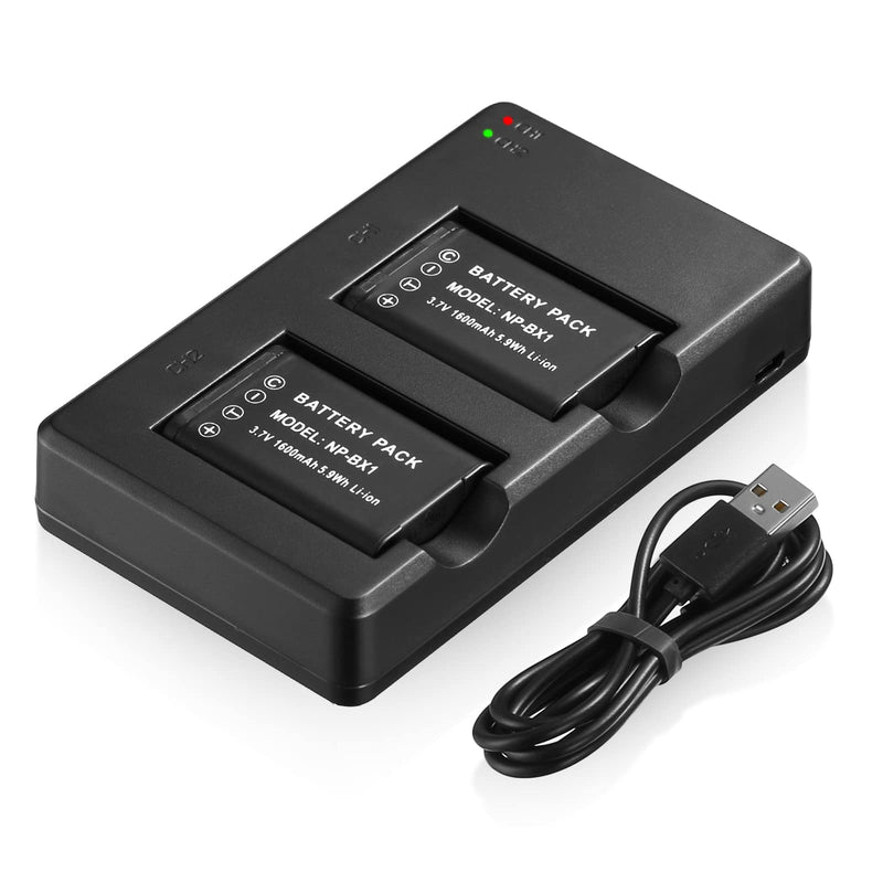 NP-BX1 Battery 2-Pack and Dual USB Battery Charger for Sony NP-BX1, M8, ZV-1, Cyber-Shot, DSC-HX80, HX90V, HX95, HX99, HX350, RX1, RX1R II, RX100 (II/III/IV/V/VA/VI/VII), FDR-X3000, HDR-AS50, AS300