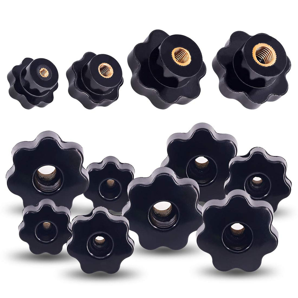 Swpeet 32Pcs M4 M6 M8 M10 7 Star Through Hole Knob Female Thread Nut Clamping Knob Grip Assortment Kit, Star Shape Hand Knobs Black Plastic Screw-On Handle Clamping Knob for Mechanical Equipment