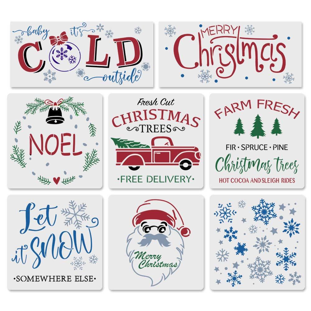 8PCS Reusable Christmas Stencils-8x 8 Inch Merry Christmas Stencils Including Let It Snow/Santa/Noel/Snowflakes/Retro Truck Christmas Tree Stencils ,Make Your Own Farmhouse Projects