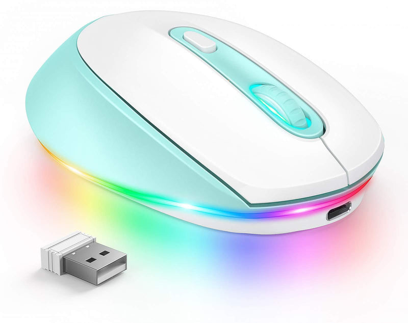 seenda Wireless Mouse, Ultra Quiet LED Light Up Mouse with USB Receiver, Rechargeable Cordless Mice and 3 Adjustable DPI for PC Laptop Computer Chromebook, Mint Green A, Mint Green Wireless Mouse