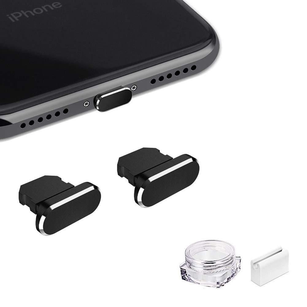 VIWIEU Metal Anti Dust Plug for iPhone 12 Mini Pro Max 11 iPad AirPods, 2 Aluminum Lightning Charging Port Cover Compatible with iPhone X, XS, XR, 8, 7, 6 Plus with Plug holder and Storage Box (Black) Black