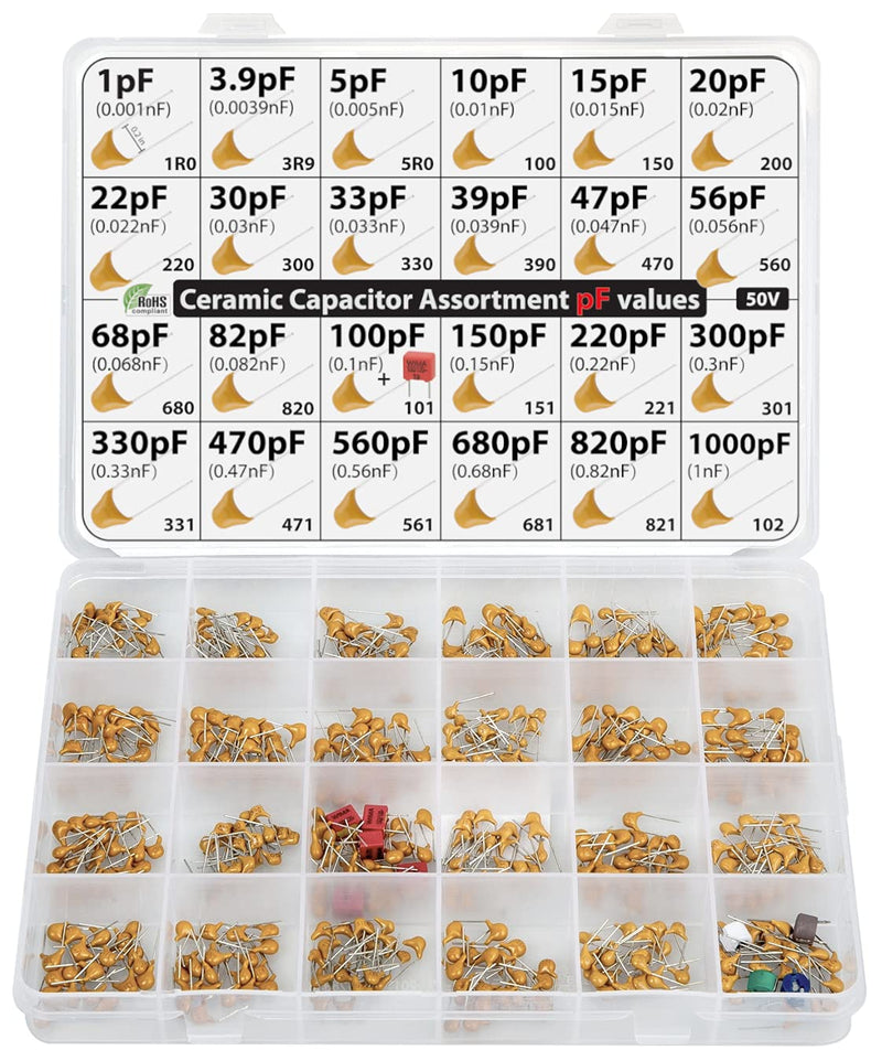 pF values - Box Capacitor Kit Assortment 485 pcs 24 values, all pF: 1pF, 3.9pF, 5pF, 10pF, 15pF, 20pF, 22pF, 30pF, 33pF,39pF, 47pF, 56pF, 100pF, 150pF, 220pF, 330pF, 470pF 560pF 680pF 820pF 1000pF etc