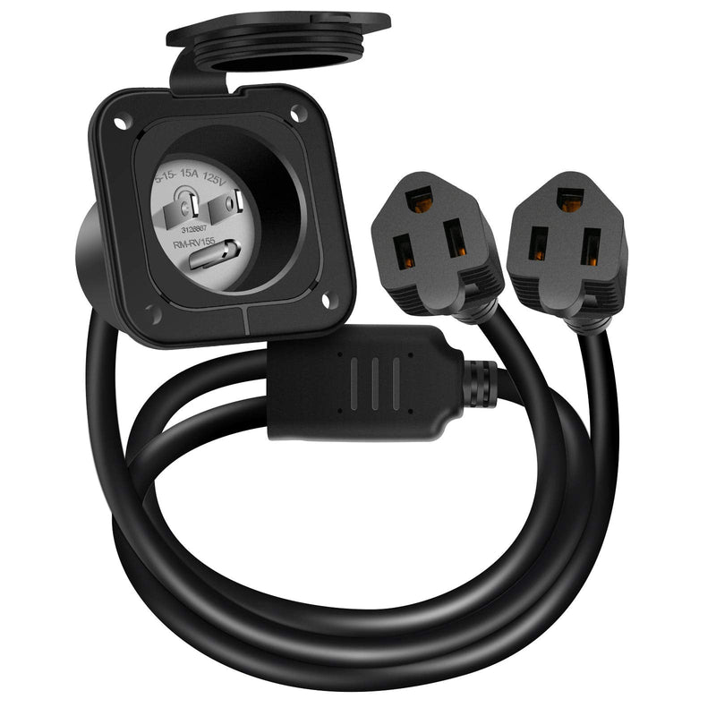 [AUSTRALIA] - WELLUCK 15 Amp 125V AC Power Inlet Port Plug with Integrated Dual 18" Extension Cord, NEMA 5-15 RV Flanged Inlet with Waterproof & Back Cover Y Splitter Cable, 2 Pole 3-Wire Shore Power Plug for Boat 15 Amp Flanged Inlet with Dual Cord 