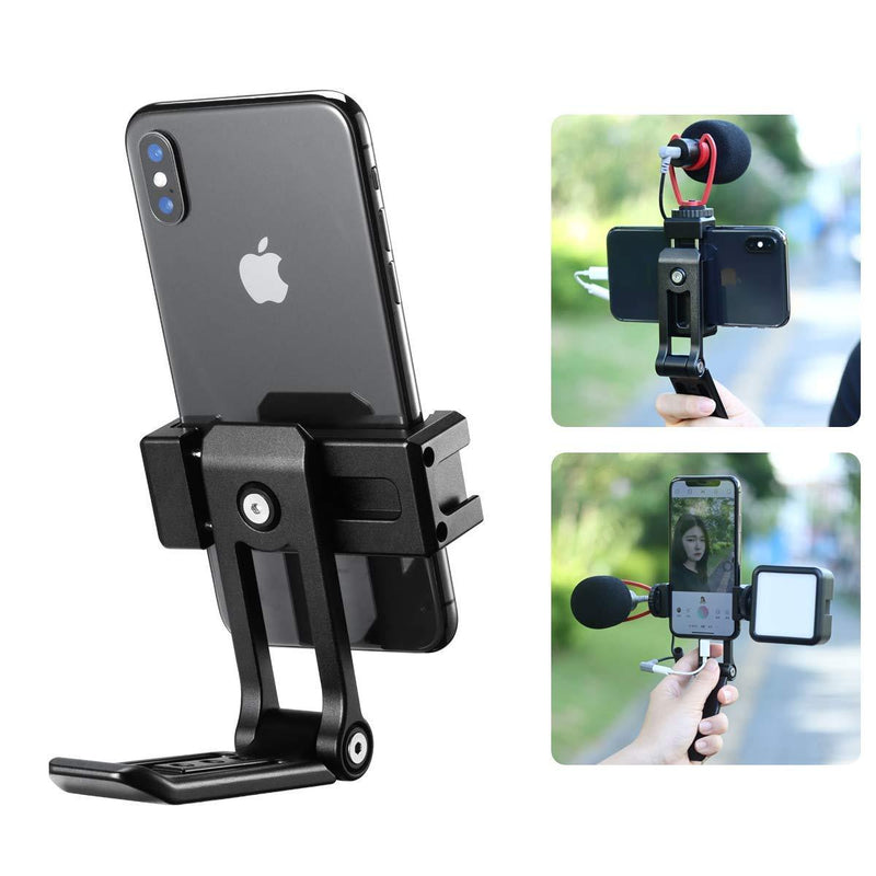 Cell Phone Tripod Adapter PICTRON MT-16 Metal Phone Tripod Mount with Dual Cold Shoe, 360° Aluminum Smartphone Stand Holder Clamp for iPhone 11 Max Pro iPhone X XR 6 7 Plus