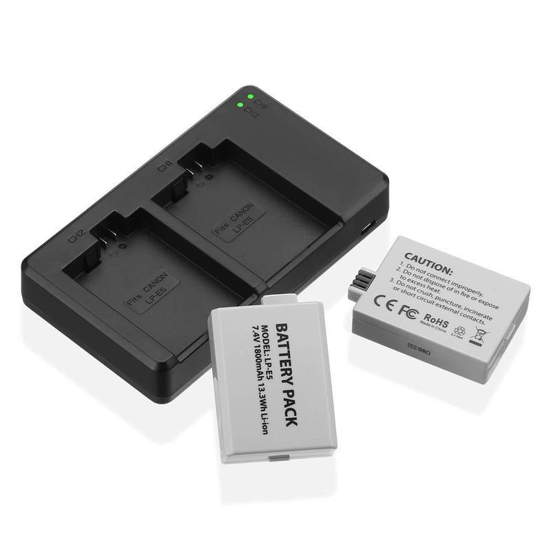LP-E5 Battery 2 Packs 1800mAh LP E5 Relacement Li-ion Batteries with Rapid Dual Charger for Canon EOS Rebel XS, Rebel T1i, Rebel XSi, 1000D, 500D, 450D, Kiss X3, Kiss X2, Kiss F Digital Camera