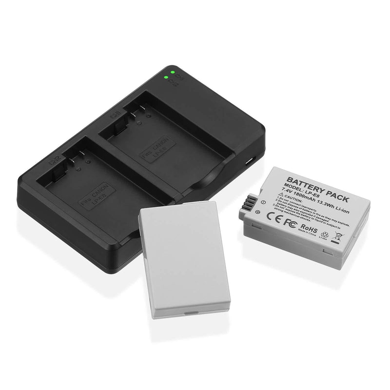 LP-E8 Battery 1800mAh Li-ion Replacement Batteries 2 Packs and Dual Rapid Charger for Canon Rebel T3i, T2i, T4i, T5i, EOS 600D, 550D, 650D, 700D, Kiss X5, X4, Kiss X6 Digital Camera