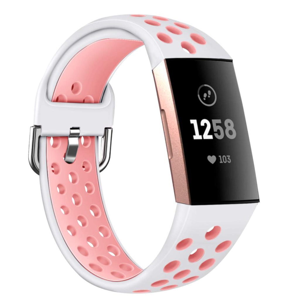 Saufly Bands Compatible with Fitbit Charge 3/ Charge 4 / Charge 3 SE, Silicone Replacement Watch Strap Sport Accessory Wristband for Women Men Large White & Pink